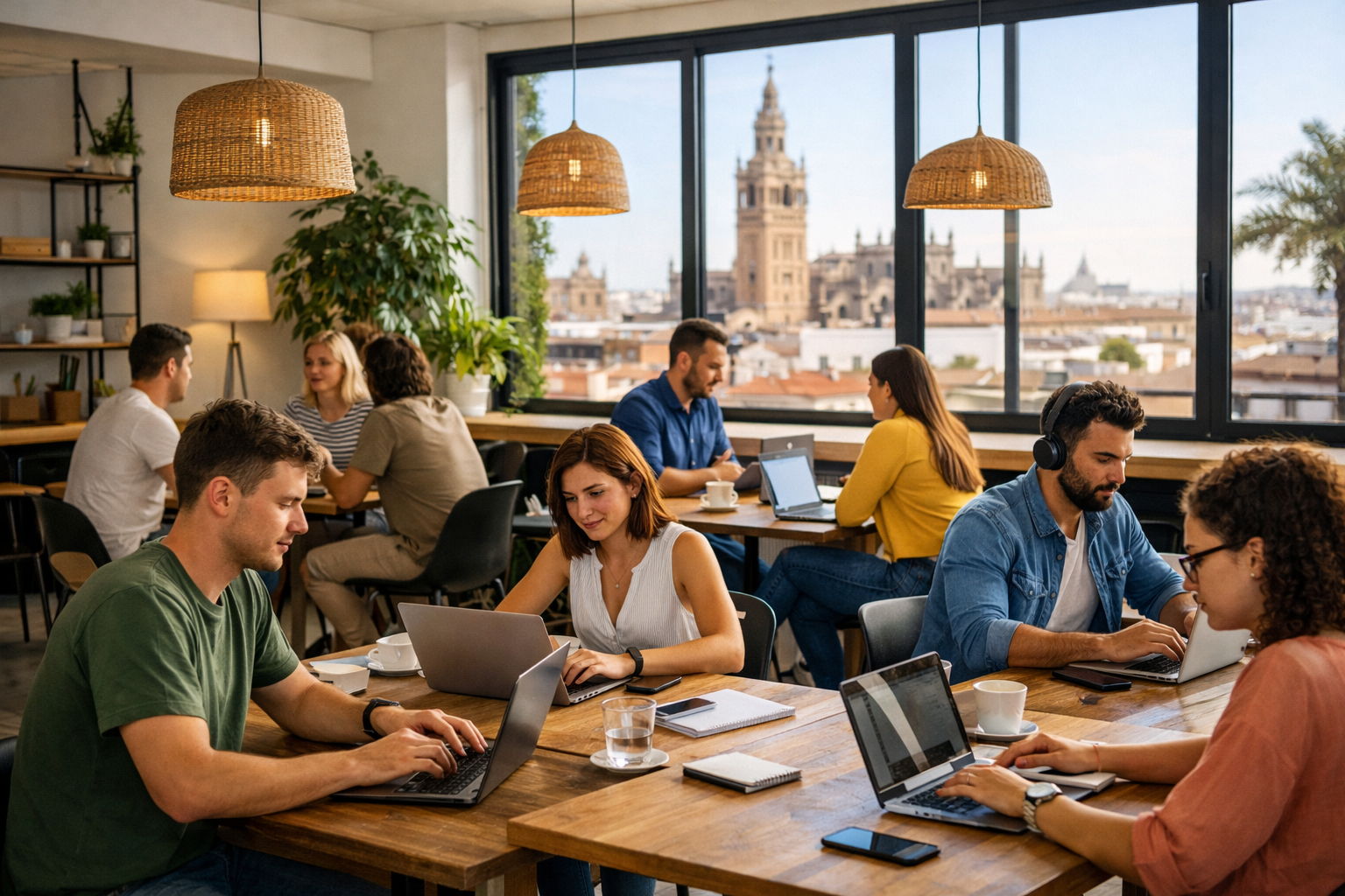 Gruppe von Menschen arbeitet in einem Coworking Space in Sevilla mit Blick über die Altstadt