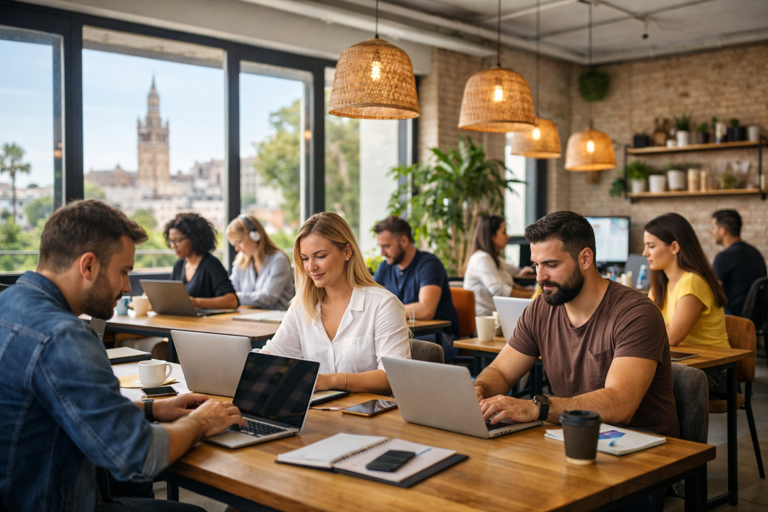 Modernes Coworking Space in Sevilla mit Menschen an Laptops